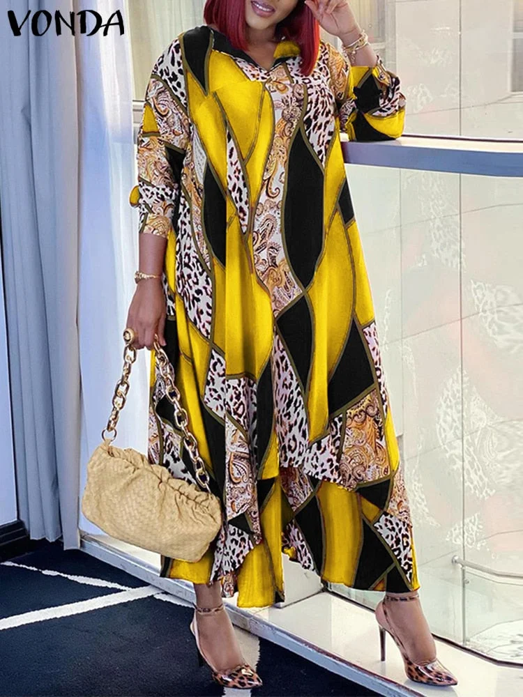 VONDA 2022 Women Dress Plus Size Vintage Printed Bohemian Vestidos Autumn Sexy V Neck Long Sleeve Holiday Robe Female Sundress
