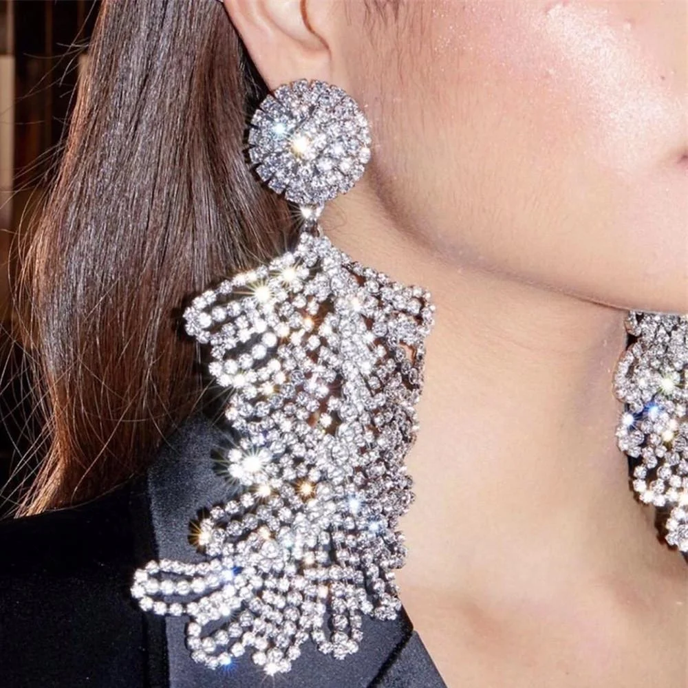 Rhinestone Leaf Shape Oversized Big Drop Dangle Earrings Jewelry for Women
