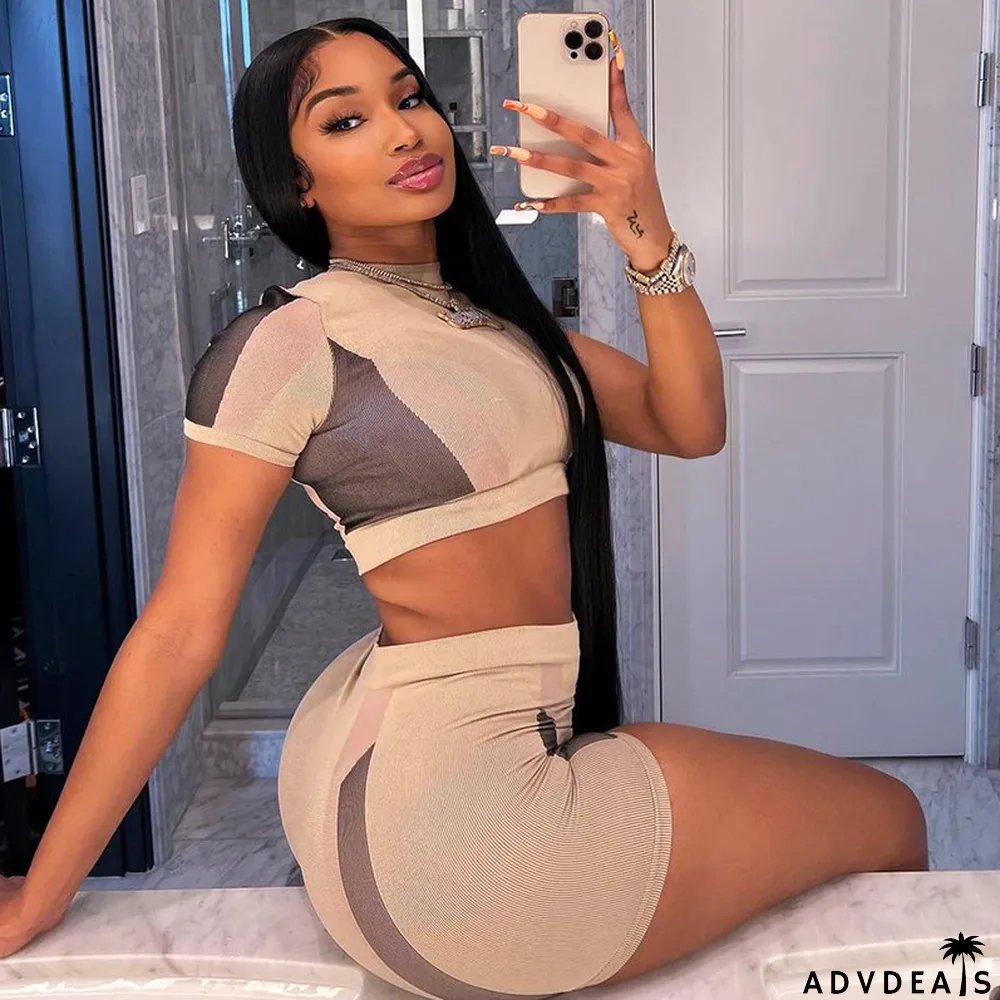 Women Summer Color Block Crop T-Shirt and Shorts Two-Piece Set