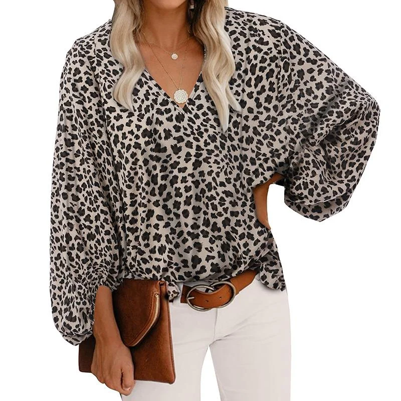 ZANZEA Fashion V Neck Blouse 2022 Women Leopard Printed Tops Autumn Vintage Puff Sleeve Chemise Female Casual OL Shirt Oversized