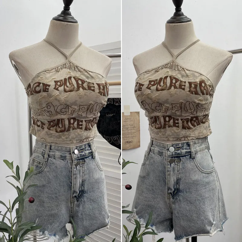 Uveng Real Shooting Spice Girls Letter Printing To Make Old Hole Hanging Neck Sling Vest Short With Chest Cushion Top 6672