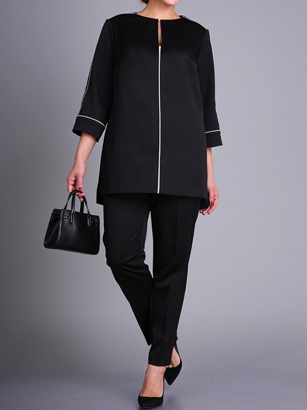 Round neck solid color long-sleeved top and trousers suit