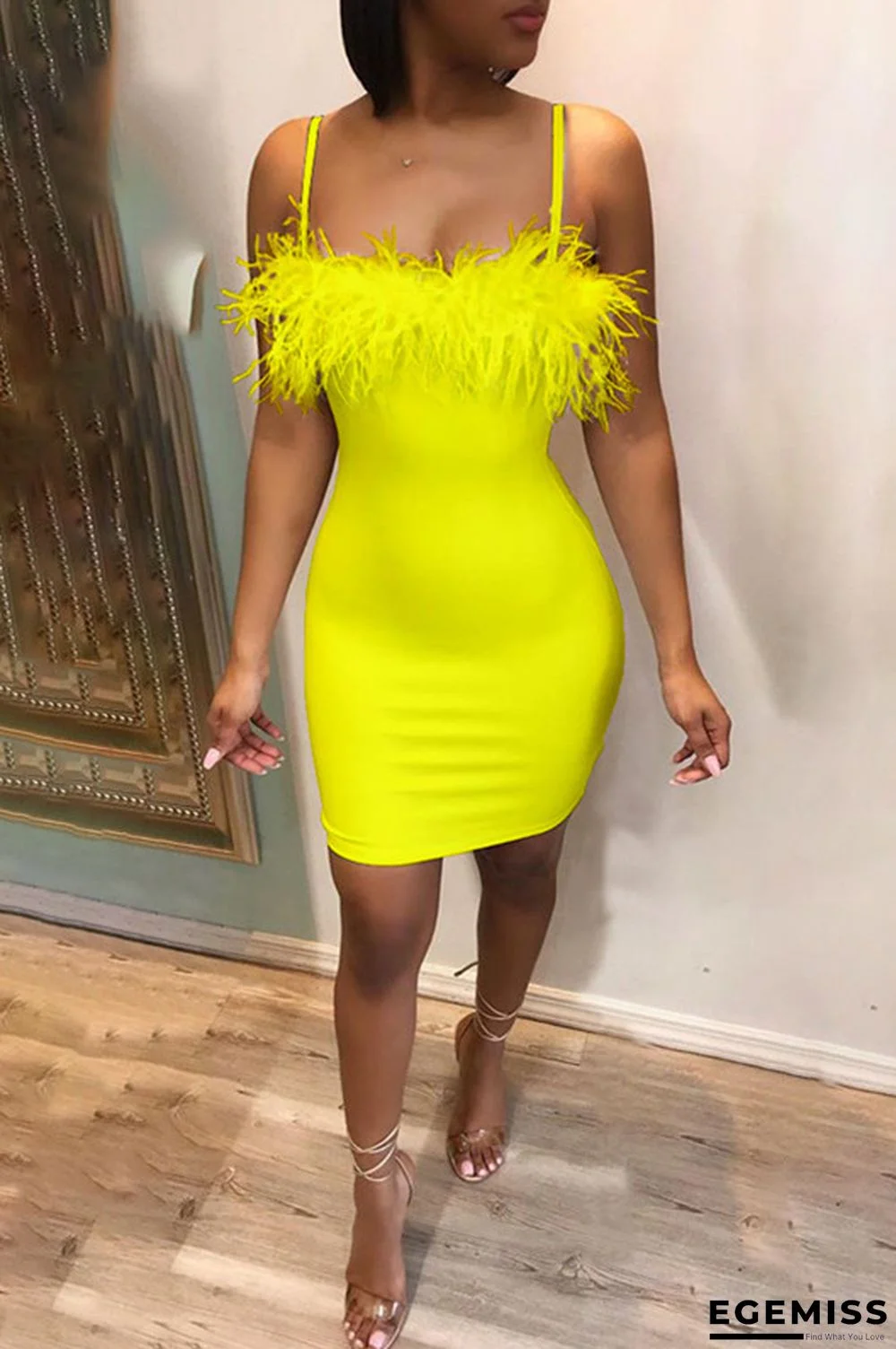 Yellow Fashion Sexy Feather Strap Dress | EGEMISS