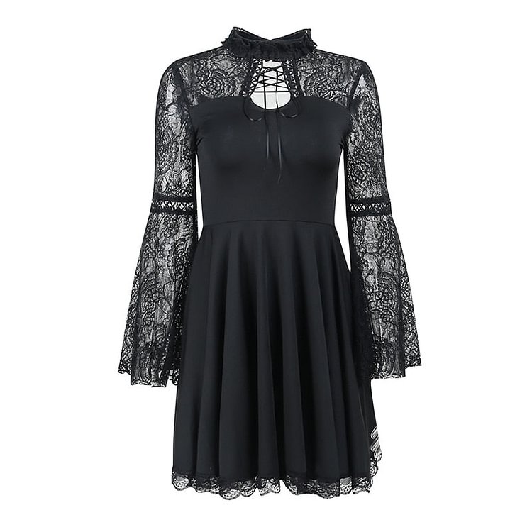 InsDoit Gothic Lace Patchwork Black Mini Dress Women Flare Sleeve See Through A-LINE Dress Partywear Aesthetic High Waist Dress