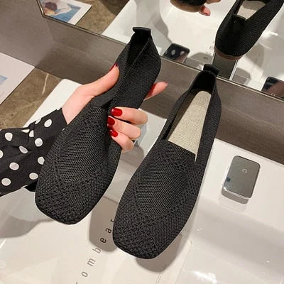 2020 Plus Size Spring New Ballet Flats Women Square Toe Knit Fabric Loafers Breathable Flat Heel Drive Shoes Driving Sneaker