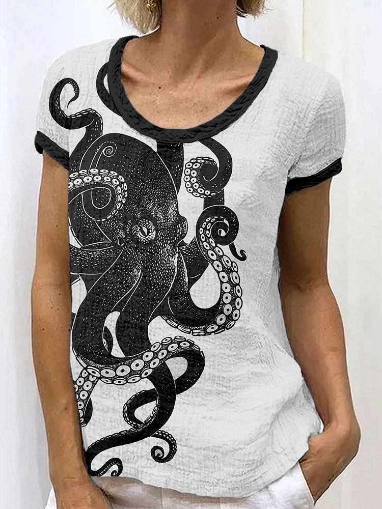 Comstylish Ocean Octopus Lino Art Linen Blend Crew Neck Shirt