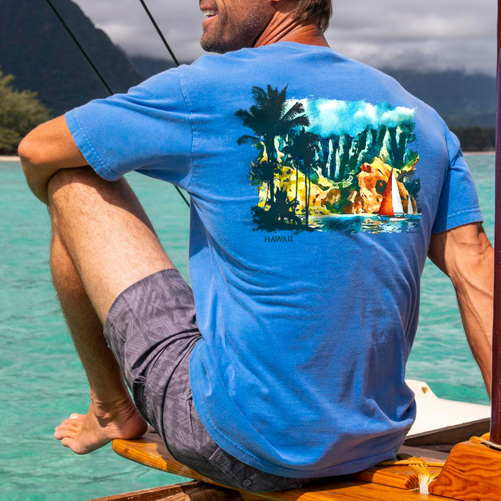 Tropical Watercolor Sail Hawaii Dyed Short Sleeve Crewneck T-Shirt