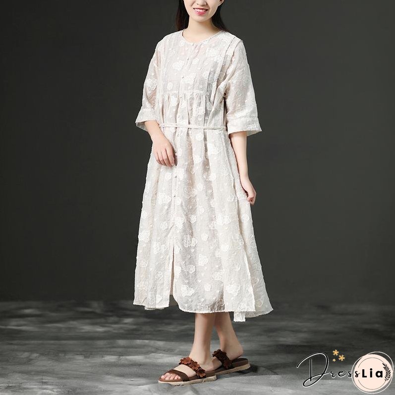 Loose Summer Lacing Beige Long Linen Women Dress