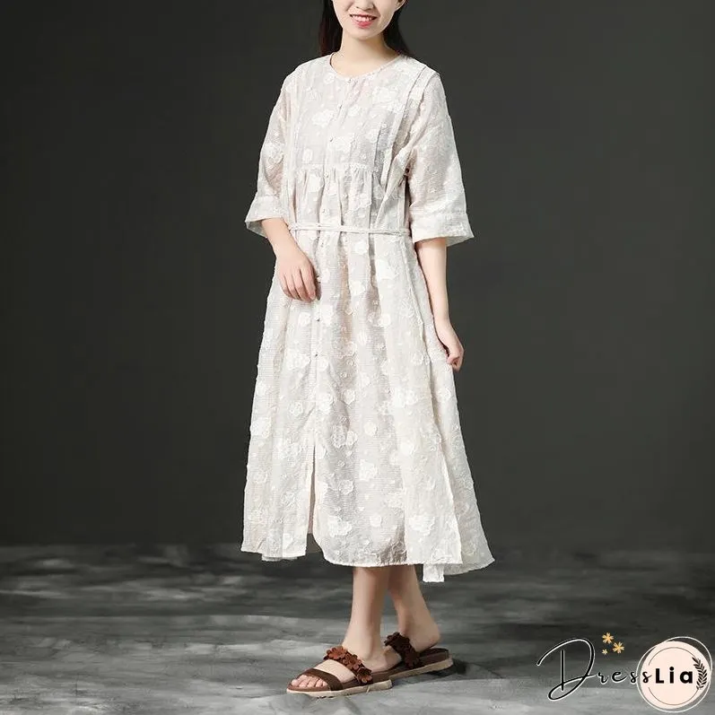 Loose Summer Lacing Beige Long Linen Women Dress