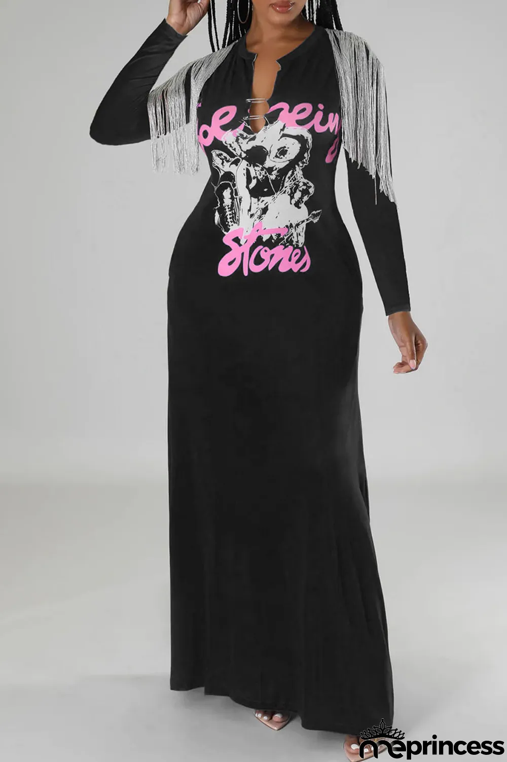 Light Brown Sexy Street Print Tassel Patchwork V Neck Straight Dresses