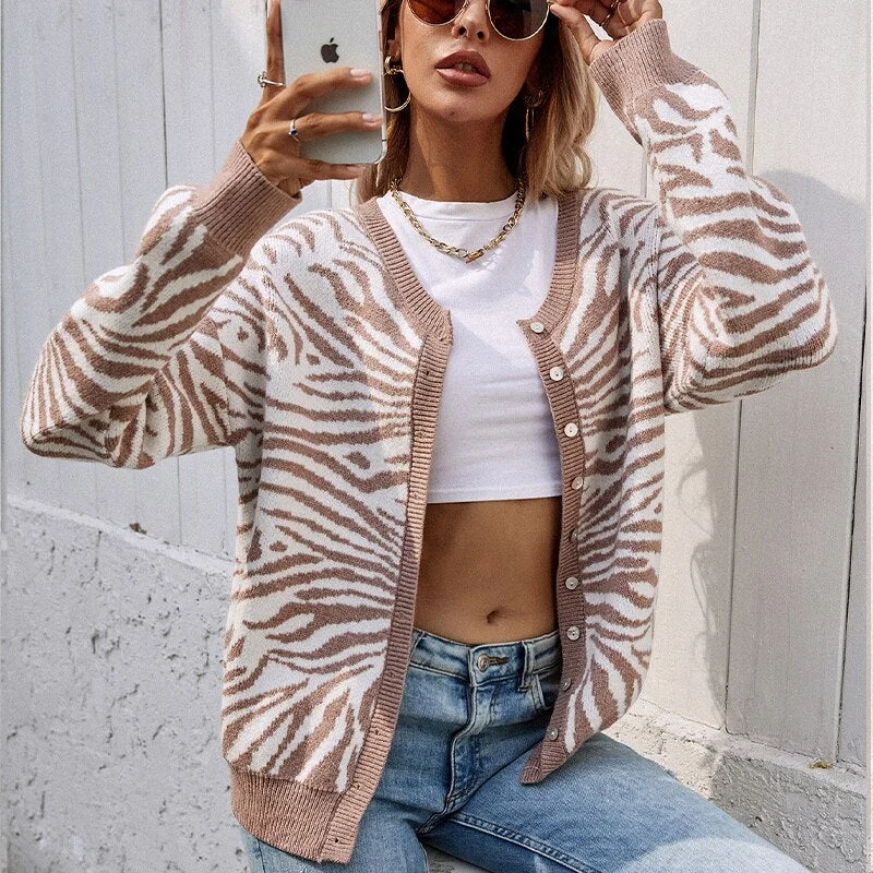 Kefira Autumn Fashion Zebra Striped Cardigan Women Sweater Long Sleeve O Neck Button Black Street Knitted Cardigans Winter 2021