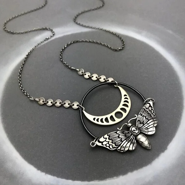 925 Moon Phase Skull Moth Necklace