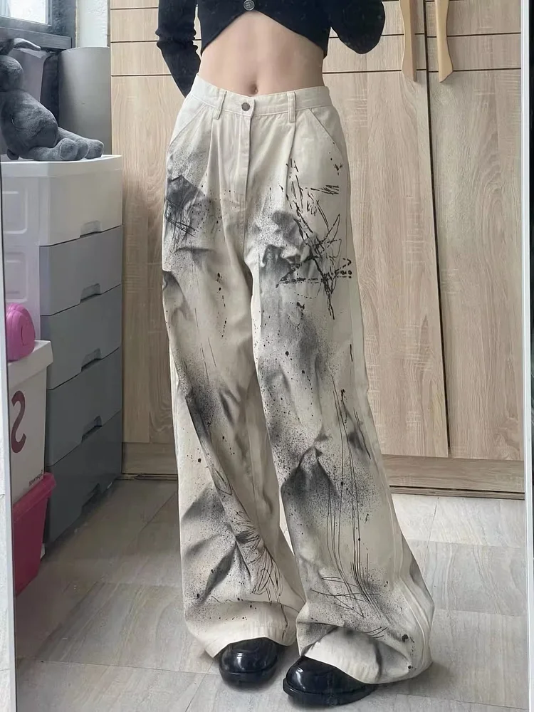 Cgacest Original Speckler Artist Ink Graffiti Straight Tube Women's Jeans Loose Straight Tube Wide Leg Pants Casual Pants