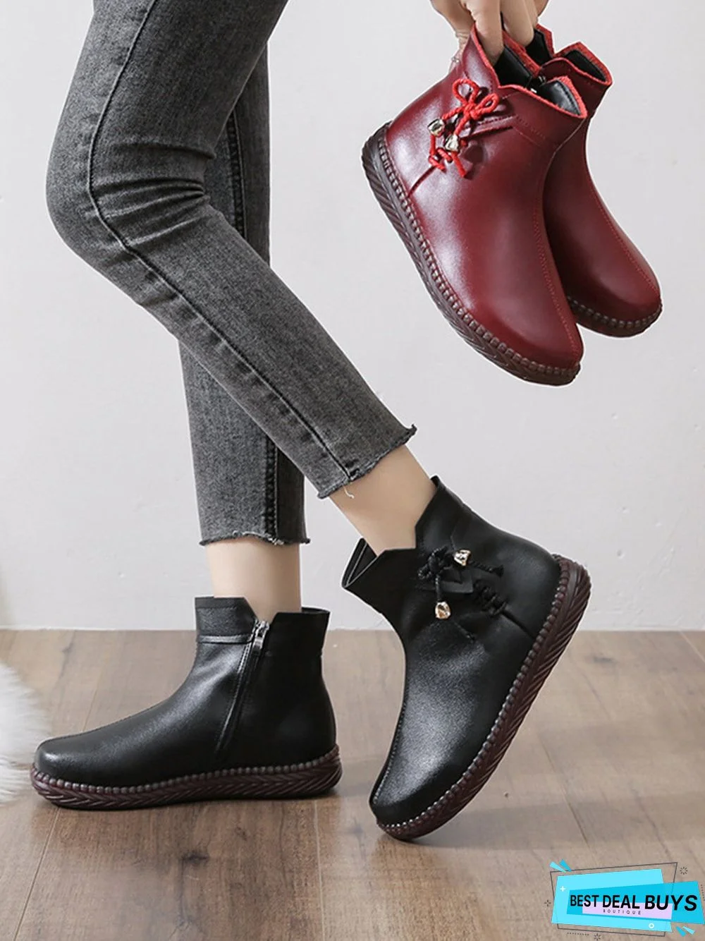 Women's Bow Faux Fur Lined Plain Boots with Zipper