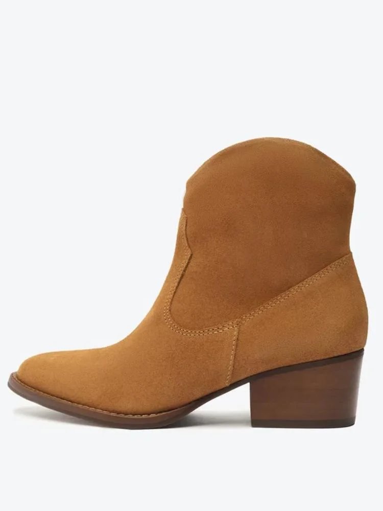 Tawny Wide Calf Cowgirl Ankle Boots Zipper Mid Heel Western Booties