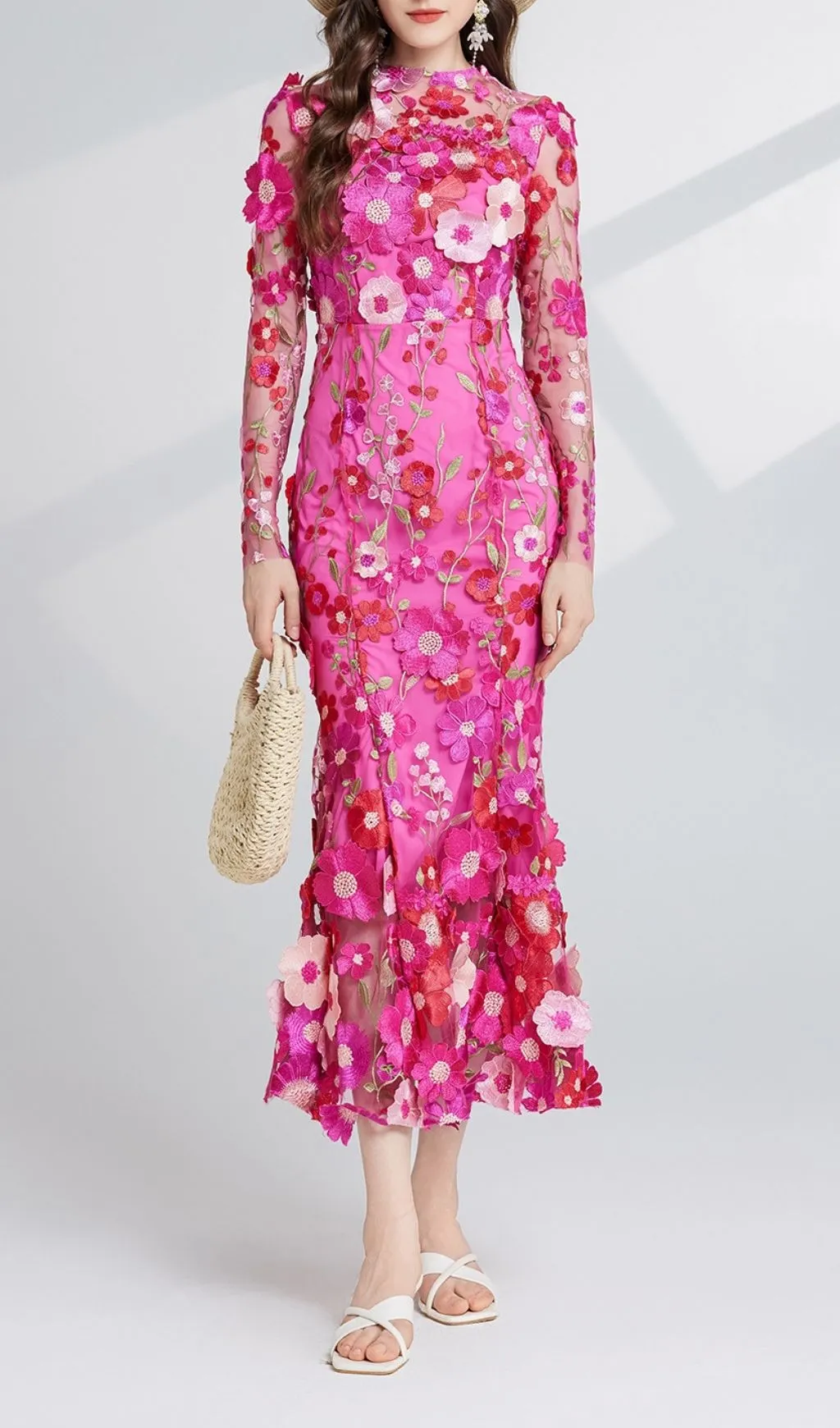 Flowering Girl Women Carol Rose Red Floral Embroidery Mesh Fishtail Long Sleeve Midi Dress 
