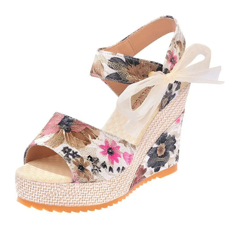 Women Floral Print Bowknot Espadrille Wedge Sandals