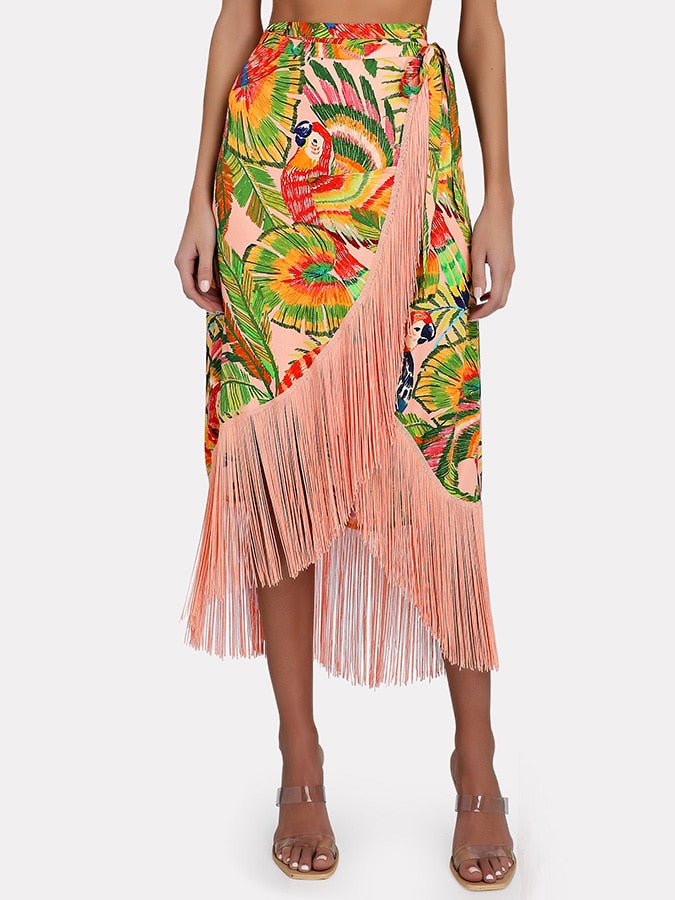 LANFUBEISI Vintage One-shoulder Swimsuits Sexy Print Two-piece Bikini and Fringe Skirt Women Swimwear Bathing Suit Summer Beach Wear Luxury LANFUBEISI