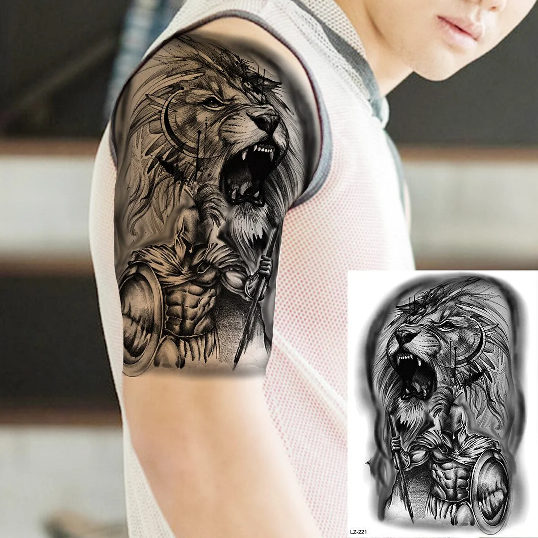 Tribal Black Maori Tattoos For Men Adults Realistic Tiger Lion Forest Knight Fake Tattoo Sticker Arm Body Tatoos Waterproof 3D