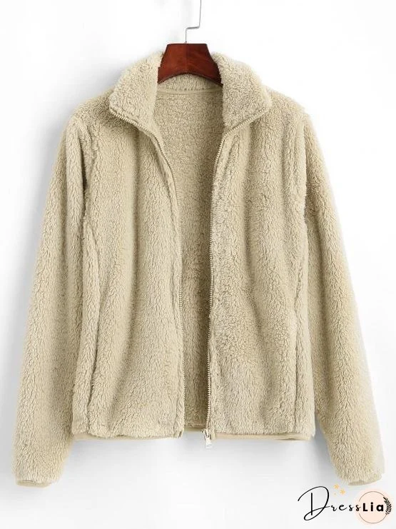 Zip Front Slip Pockets Fluffy Jacket for Women