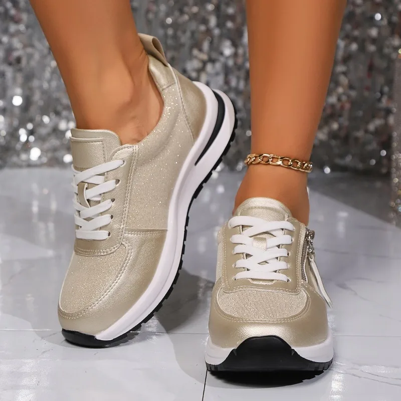 Niprack funky womens shoes Spring and Autumn Fashionable Round Toe Mesh Breathable Solid Color Fashion Zipper Decorative Lace-Up Women's Sports Shoes