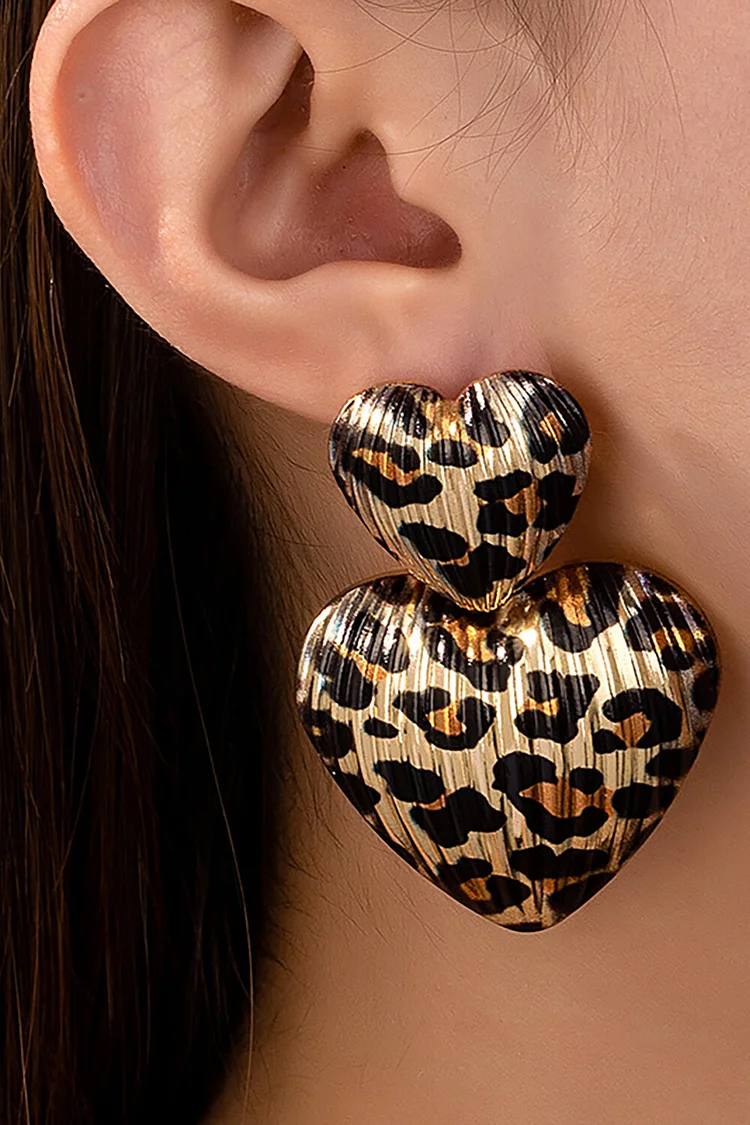 Leopard Print Double-Layer Heart-Shaped Dangle Earrings