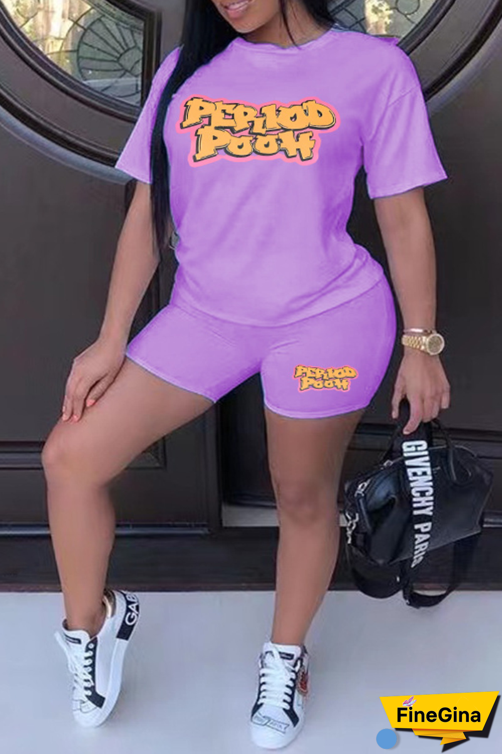 Purple Casual Street Print Patchwork Letter O Neck Plus Size Two Pieces