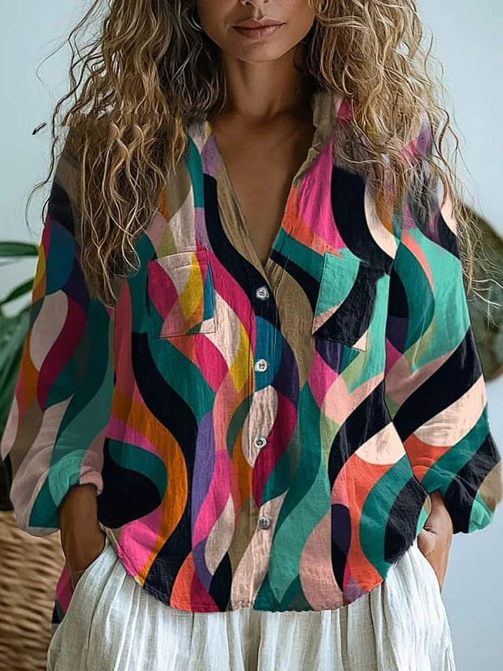 Women's  Retro Geometry Art Print Casual Long Sleeve Comfortable Cotton Shirt