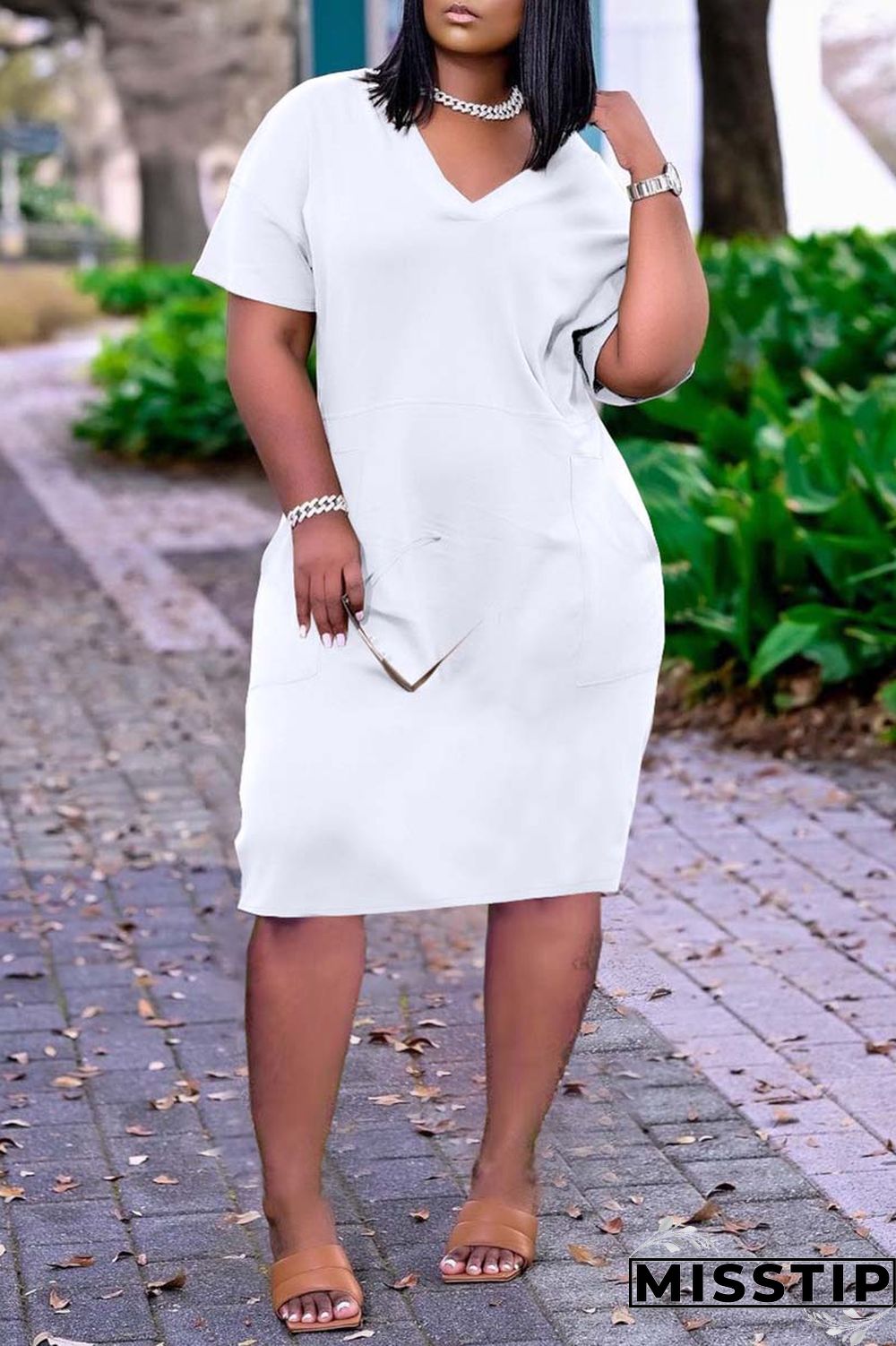 Dark Blue Fashion Casual Solid Basic V Neck Short Sleeve Dress