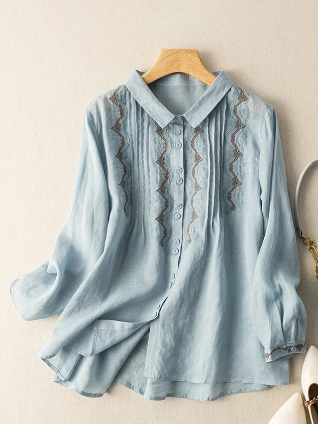 Loose Vintage Solid Embroidered Long-Sleeved Ramie Shirt