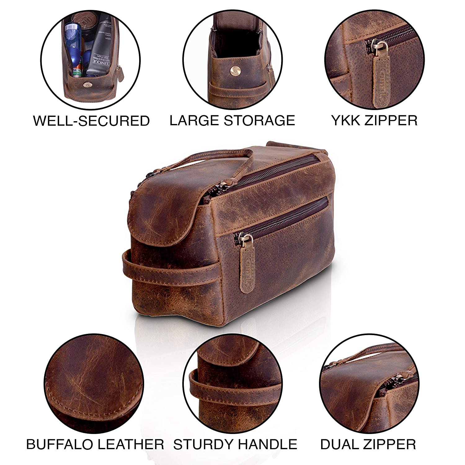 Genuine Buffalo Leather Unisex Toiletry Bag Travel Dopp Kit