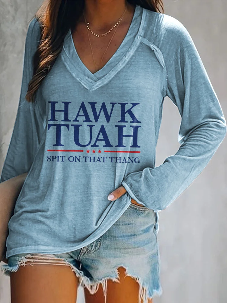 VChics Hawk Tuah Spit On That Thang Print V-neck Long Sleeve T-Shirt