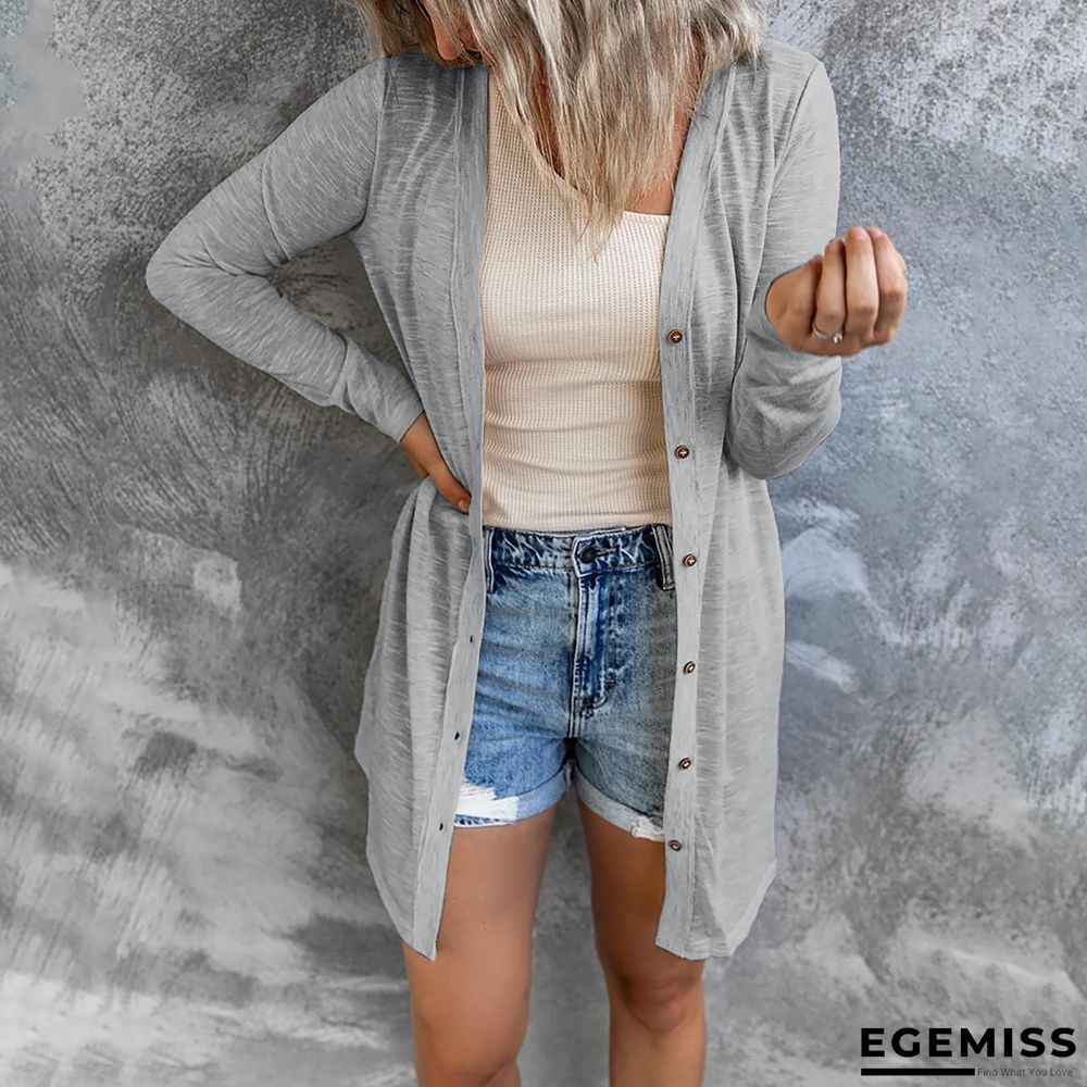 Long Button Solid Color Casual Long Sleeved Cardigan for Women | EGEMISS