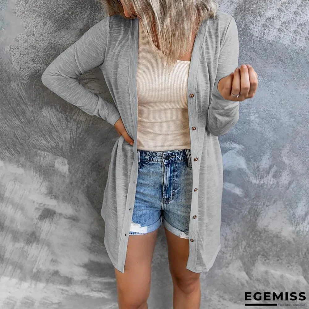 Long Button Solid Color Casual Long Sleeved Cardigan for Women | EGEMISS