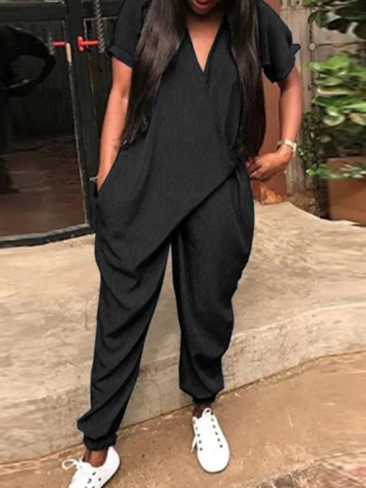 2022 ZANZEA Fashion Summer Rompers Women Solid V Neck Long Jumpsuits Casual Loose Short Sleeve Overalls Harem Pants Playsuits