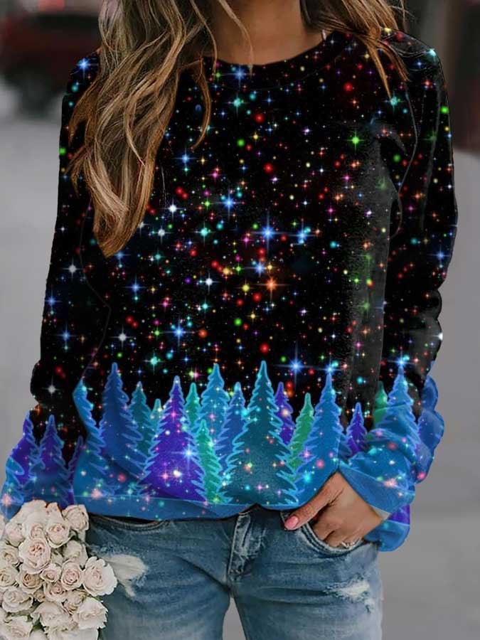 Christmas Starry Forest Print Sweatshirt