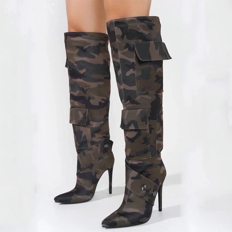 VCSHOES Stiletto Pointed Toe Camouflage Knee High Boots Big Size Pocket Decoration Stage Runway Women's Thigh High Boot Zapatos De Mujer