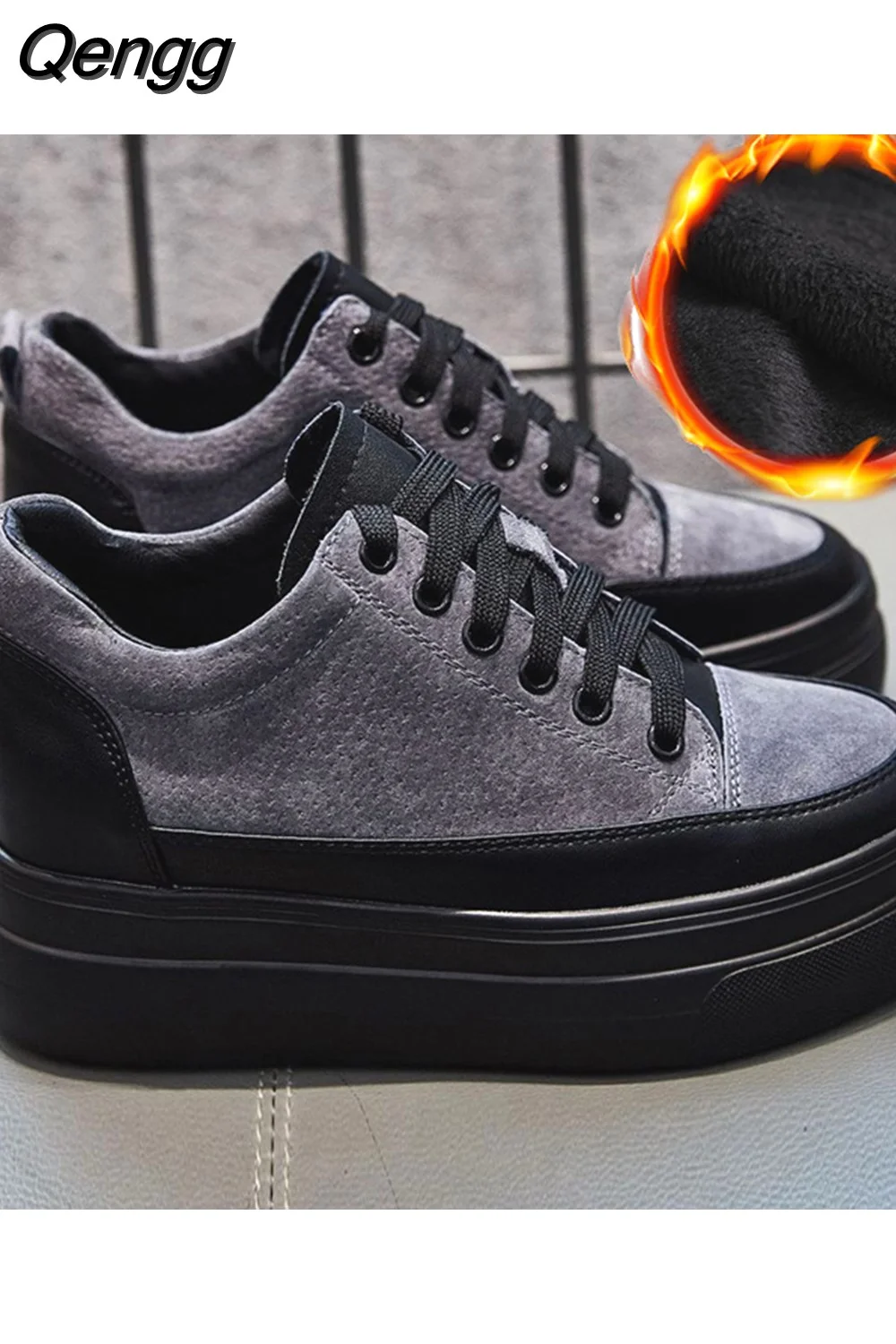 Qengg Shoes Women Sneakers Flat Platform Shoes Genuine Leather Warm Women Casual Shoes Ladies Height Increasing 5cm N054