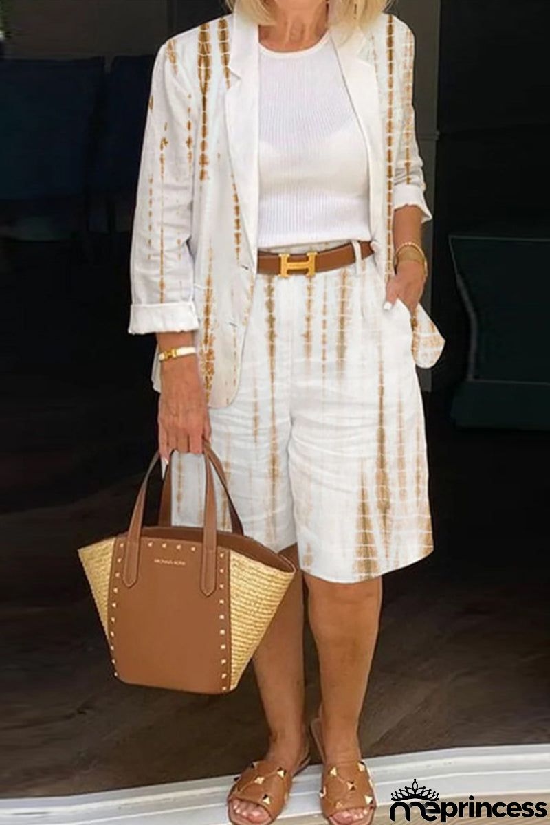 Casual Elegant Print Patchwork Turn-back Collar Long Sleeve Two Pieces