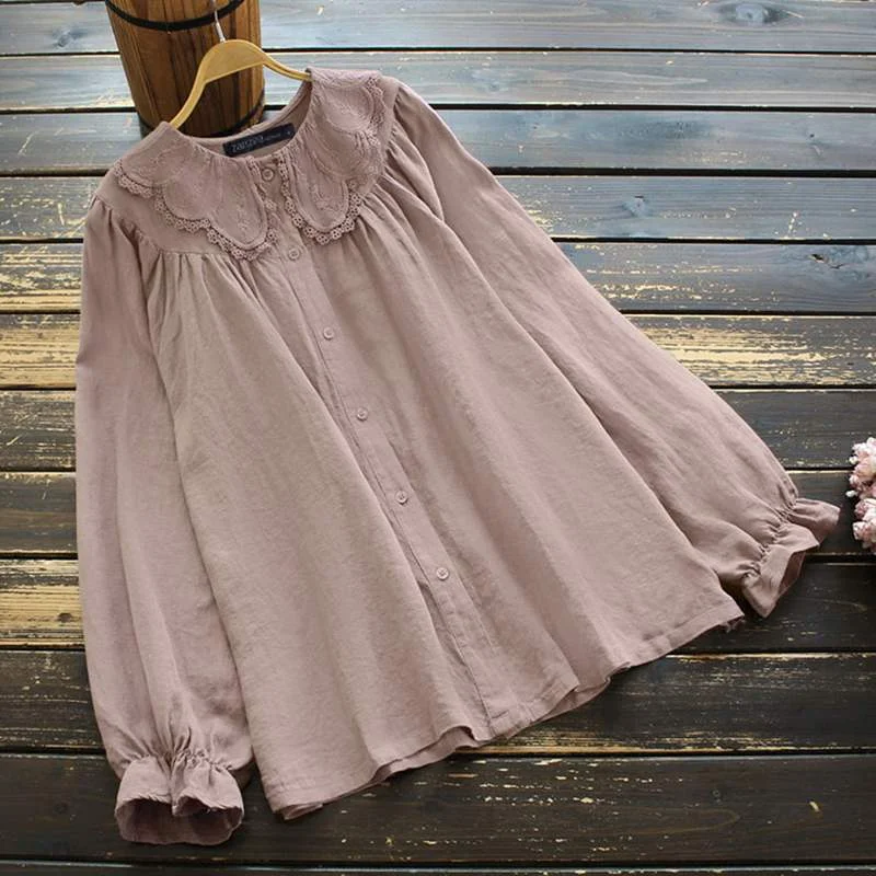 Oversized Tunic Tops ZANZEA Vintage Women Lace Crochet Blouse Spring Long Sleeve Buttons Shirt Solid Blusas Casual Loose Chemise