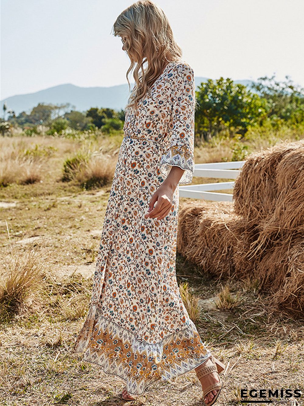 Bohemian Waist V-neck Floral Skirt Knee Length Skirt | EGEMISS