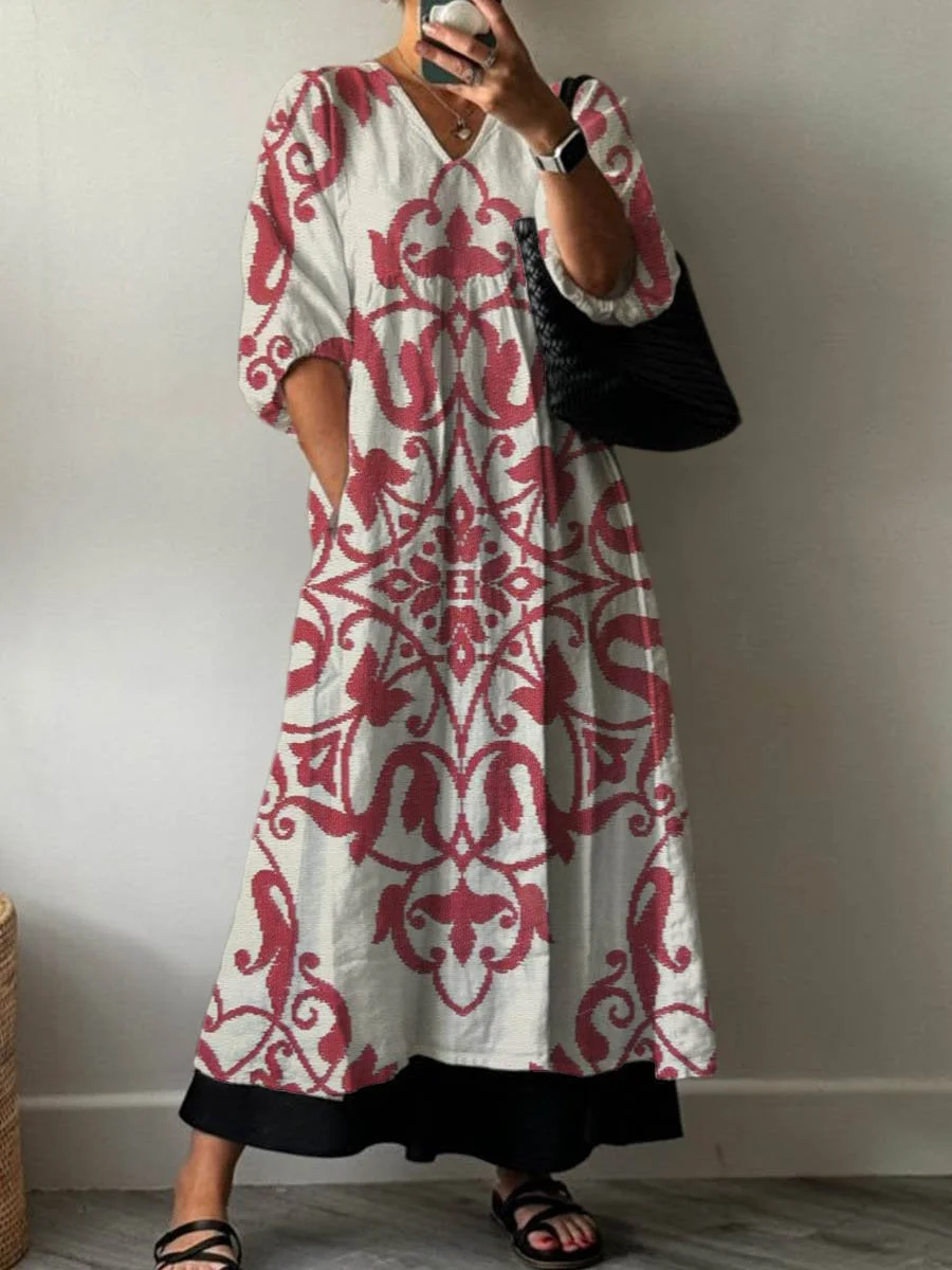 Women's Vintage Lovely Floral Art Print Pocket V-neck Cotton Dress