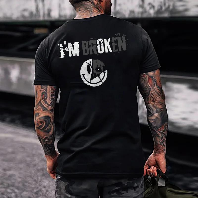 Vintage I'm Broken Letters Skull Print Men‘s Fun Monogram T-shirt -  