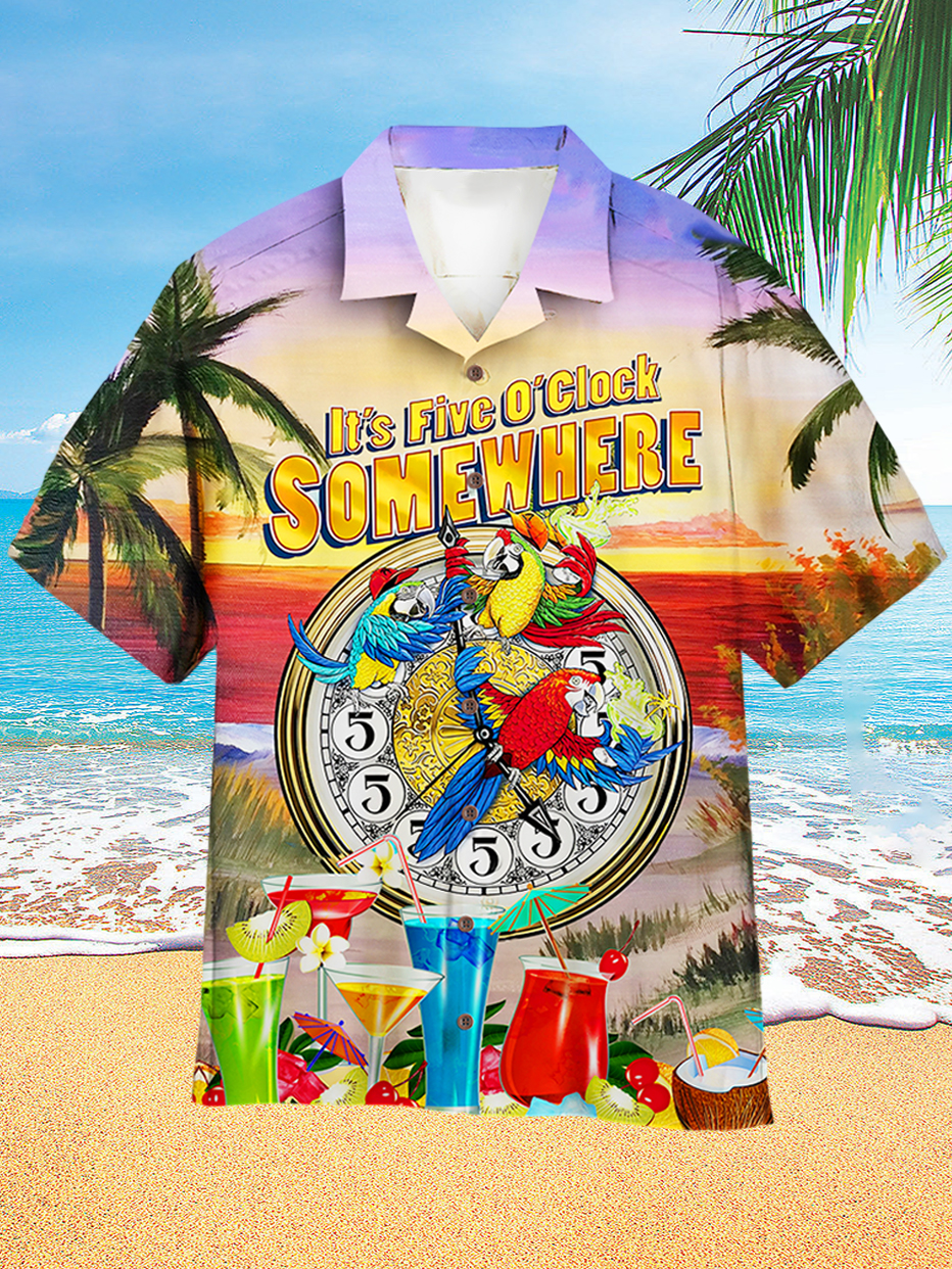 Men's Hawaiian Parrot Drinking Party Print Dusk Holiday Short Sleeve Shirt PLUSCLOTHESMAN