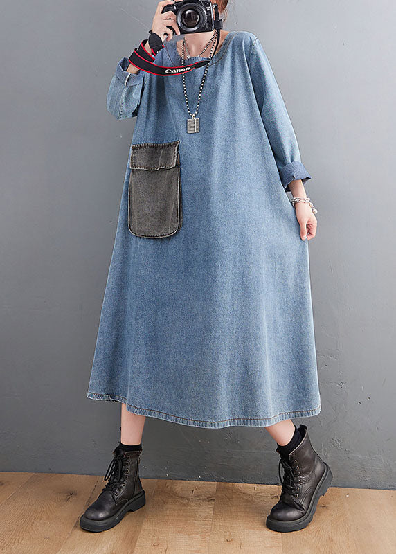 VCSHOES Loose Blue O Neck Pockets Patchwork Denim Dresses Fall