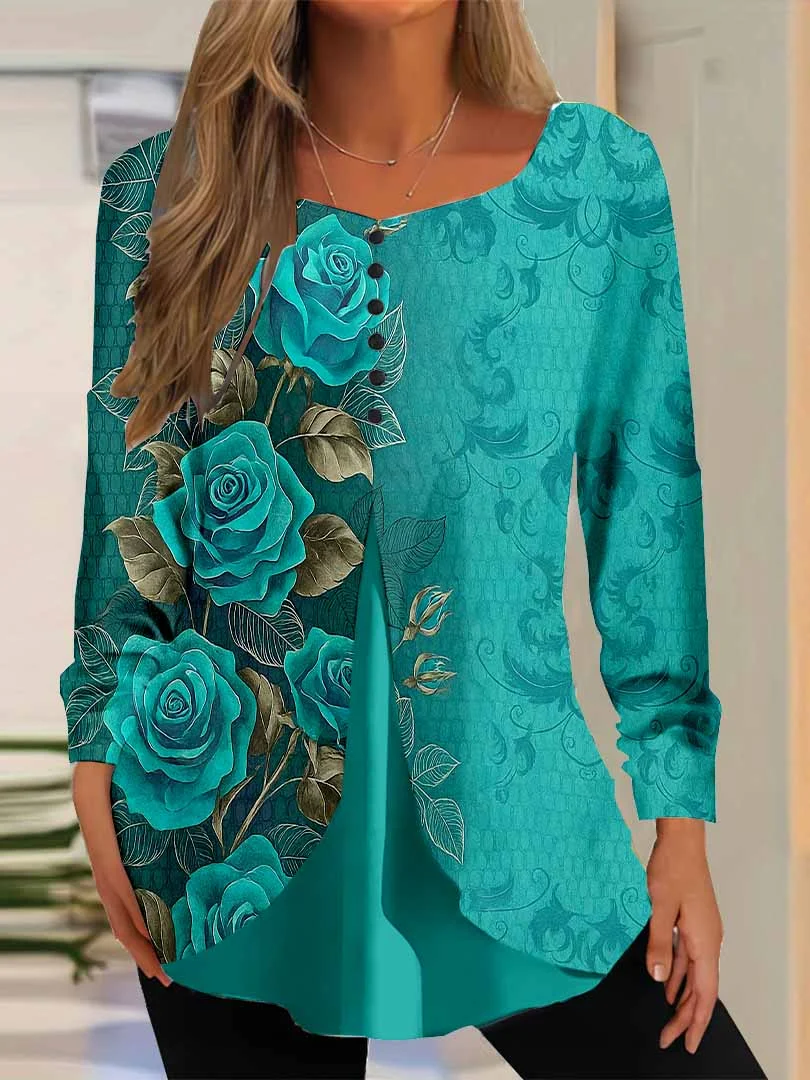 Women Floral,Blue DZGG8359 Long Sleeve Scoop Neck Printed Graphic Button Fake 2in1 Tops