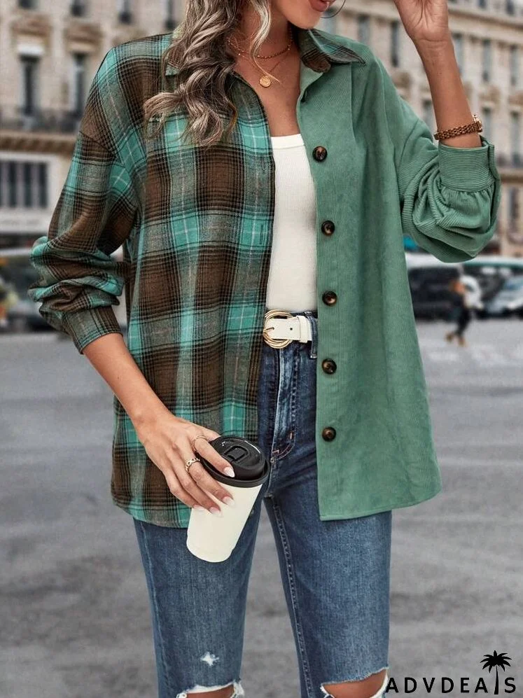 Plaid Print Drop Shoulder Corduroy Jacket