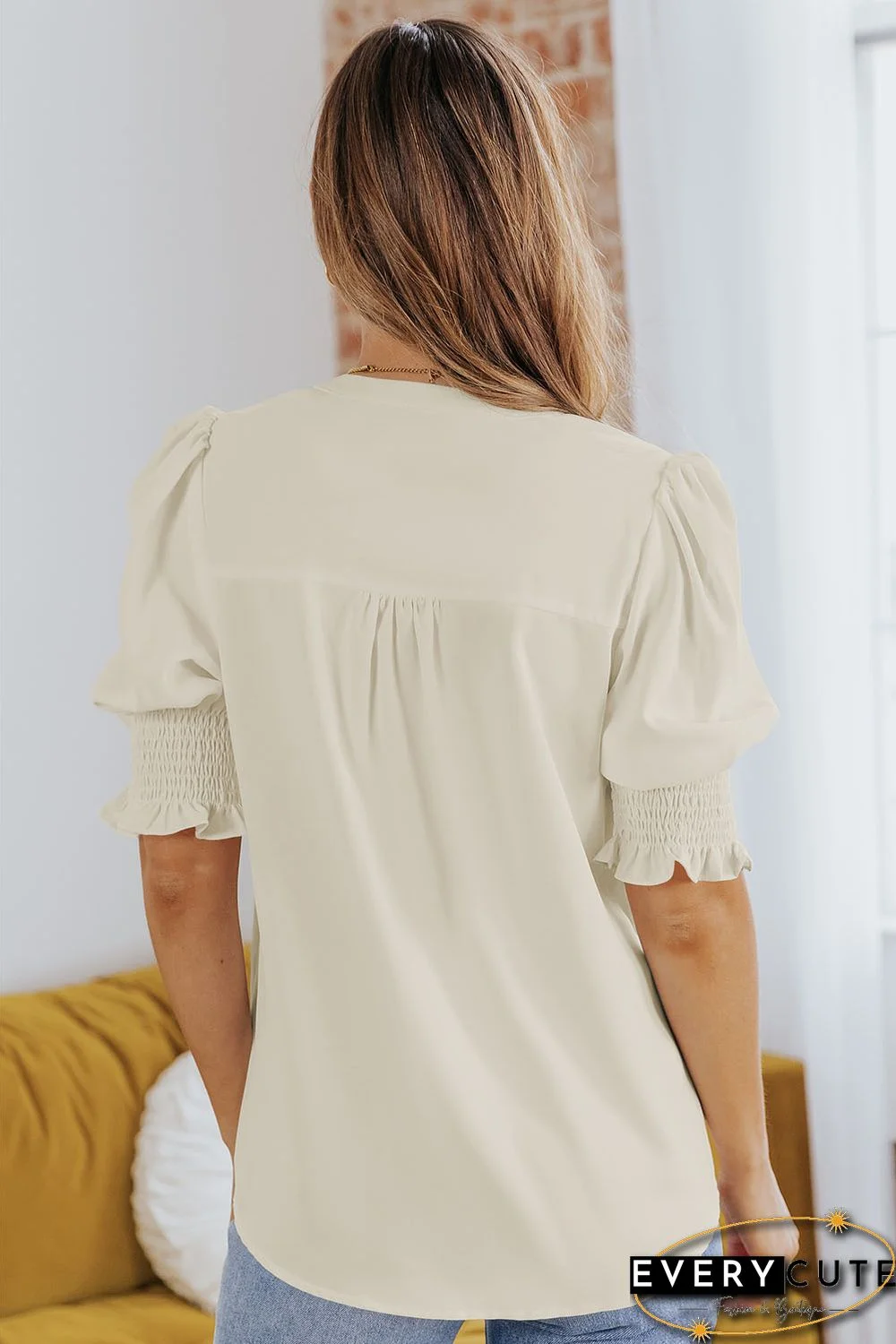 Apricot Solid Color Half Sleeve V Neck Blouse