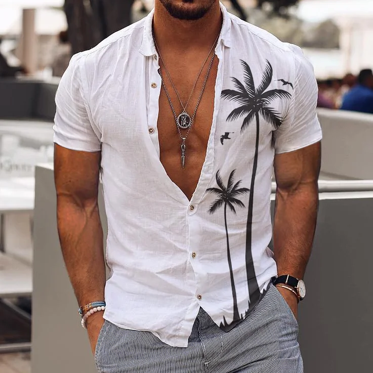 Men's Linen Simple Design Shirt Holiday Beach Coconut Tree Short Sleeve Cardigan b25f
