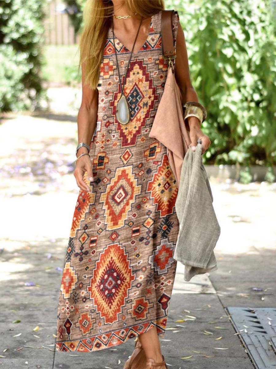 Women's Retro Geometric Pattern Cotton and Linen LooseTank Top Dress